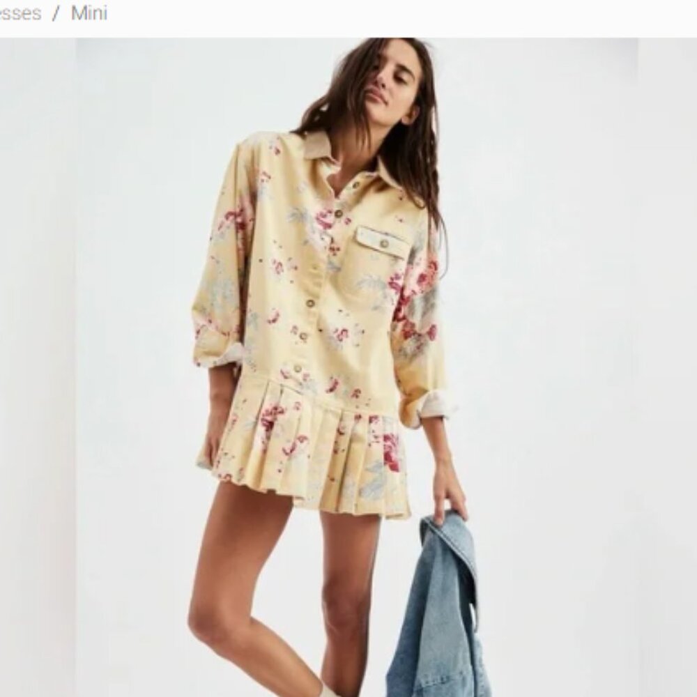 NWT Free People Connor Printed Mini Dress~Mellow Yellow Combo